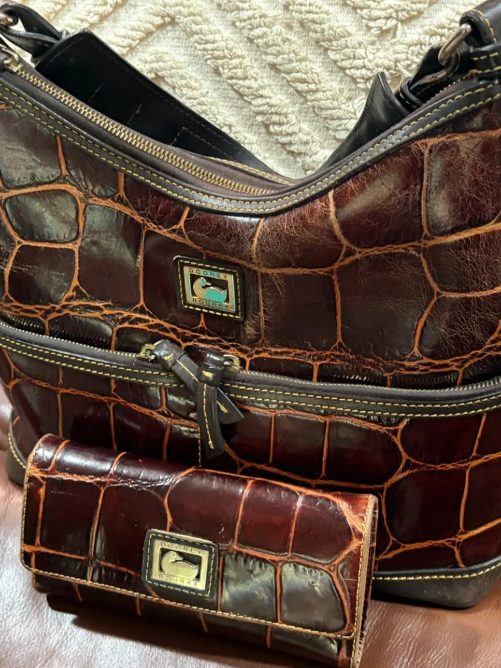 Dooney & Bourke: Handbag and Wallet: Cognac, Croc Embossed Leather Hobo Handbag